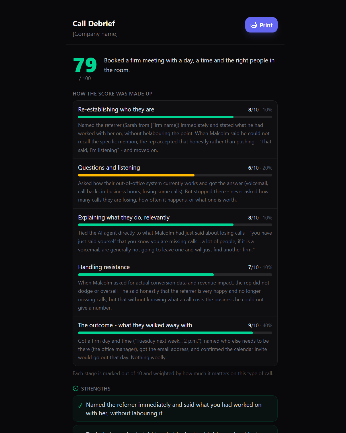 A ClinchIQ practice call scored 79 out of 100. The breakdown shows 8 out of 10 for re-establishing who they are and 6 out of 10 for questions and listening, each with the evidence quoted back.
